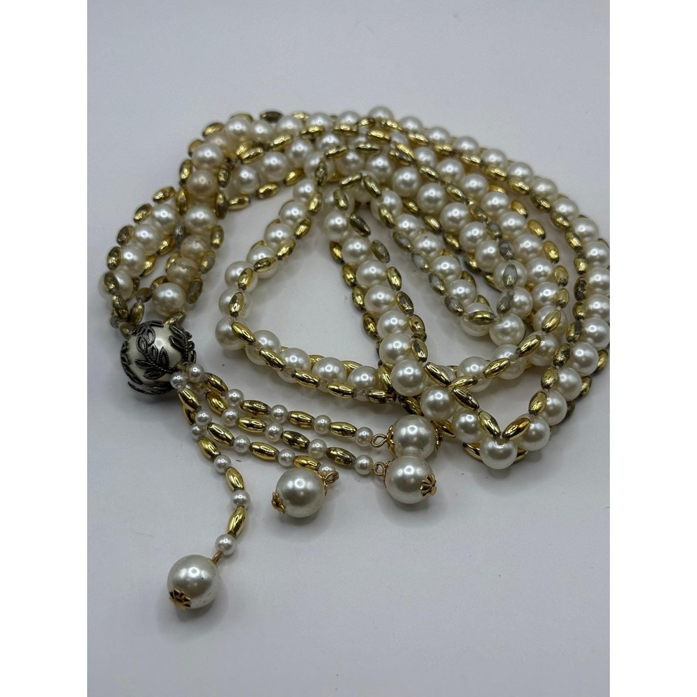 Vintage Flapper Gatsby Faux Pearl Tassel Long Rope Necklace Gold Tone Accents